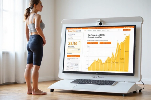 Waga analityczna do pomiaru składu ciała, z widocznymi danymi na ekranie i sylwetką człowieka.